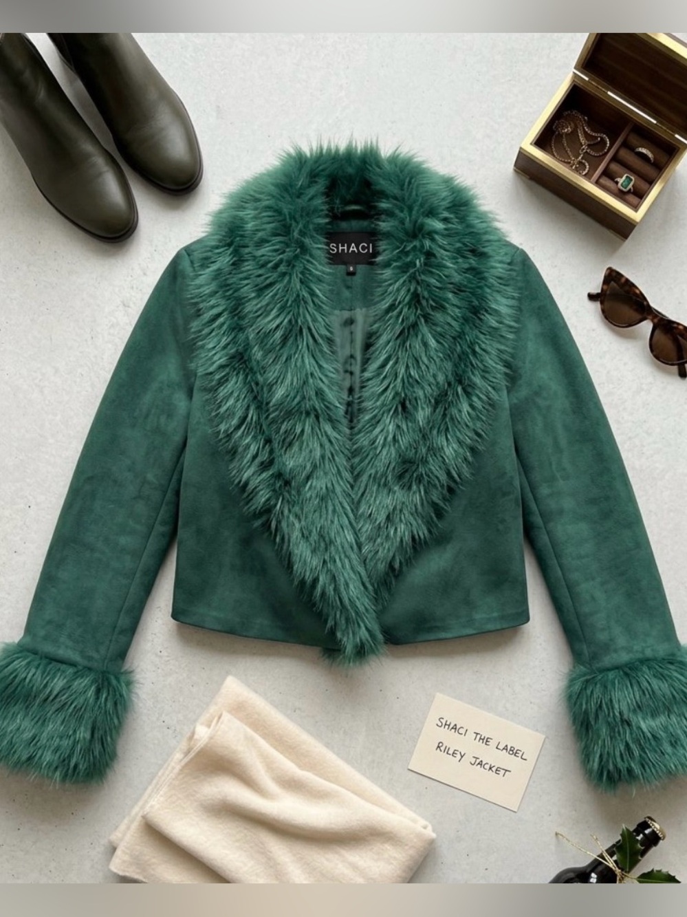 Shaci the Label Riley Jacket Green Vegan Suede Faux Fur Jacket Y2K S Holiday